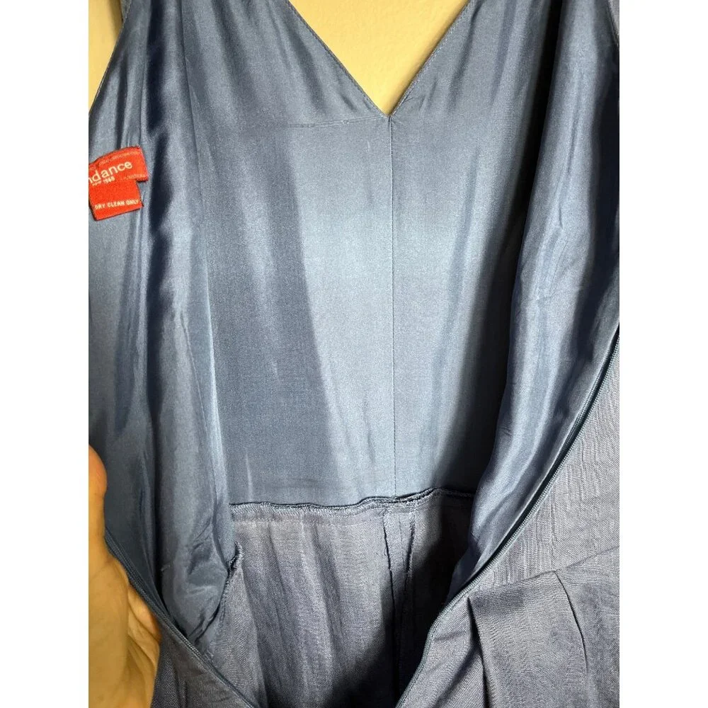 Sundance Linen Dress Blue Fit Flare Maxi Minimalist Luxury Wedding Guest Women 4 - Picture 8 of 13
